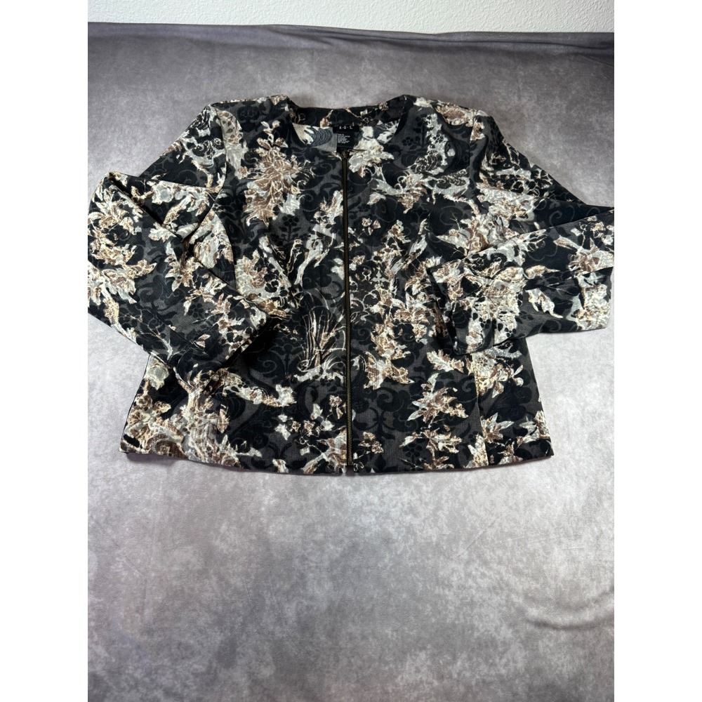 RQT Womens XL Floral Damask Corduroy Zip Front Jacket Black Tan Grey Stretch